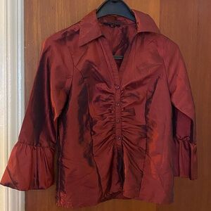 VANITY Long Ruffle Sleeve Red Ruched Satin Blouse
